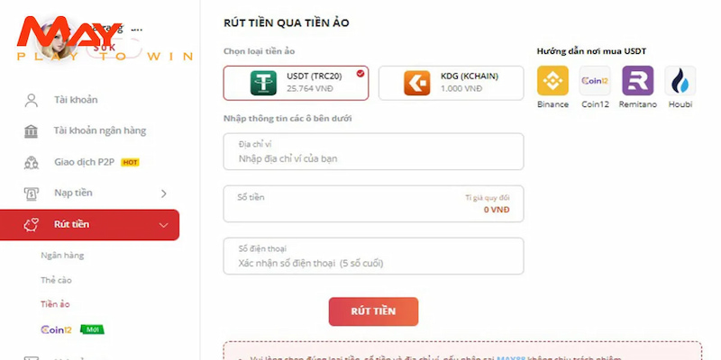 Đa dạng phương thức rút tiền mà người chơi có sử dụng khi trải nghiệm dịch vụ tại May88